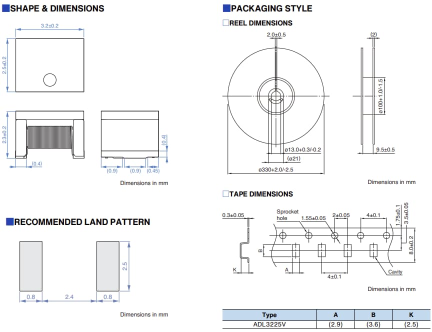 Mechanical Drawing - TDK ADL3225V Inductor